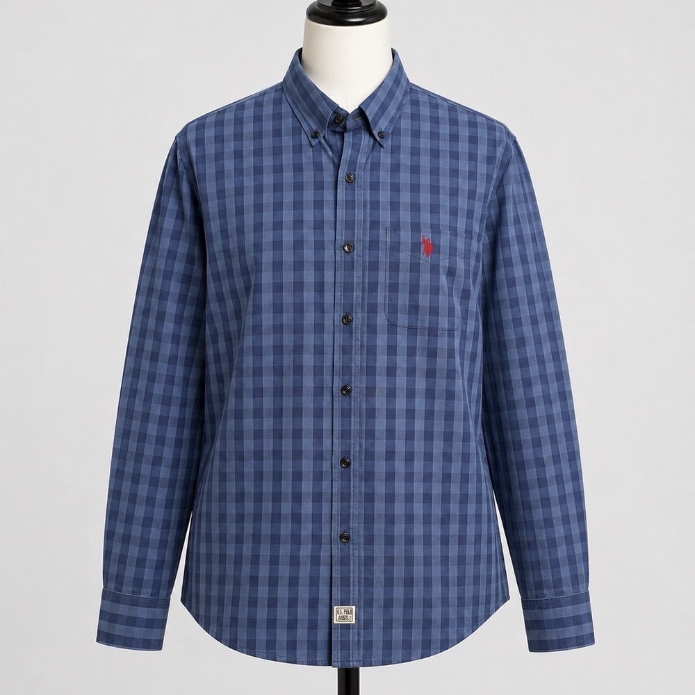 US Polo Assn Mens Blue Gingham Check Stretch Long Sleeve Button Down Shirt L